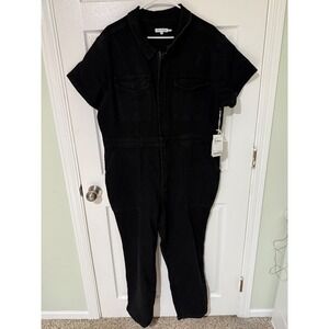 Good American Black Denim Short Sleeve Utility Jumpsuit Size 6